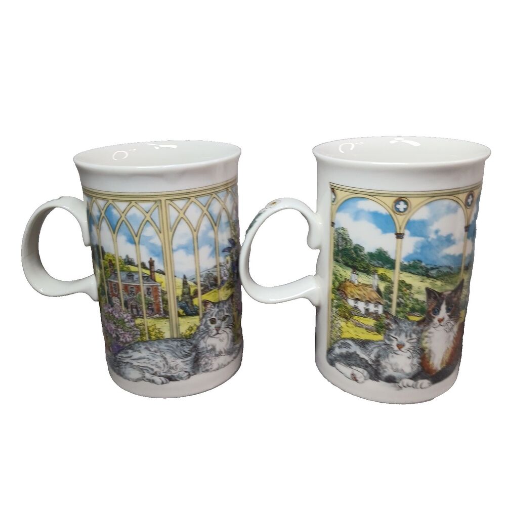 2 Dunoon Window Cats Sue Scullard Tea Cup Scotland Sunflowers Floral Mugs